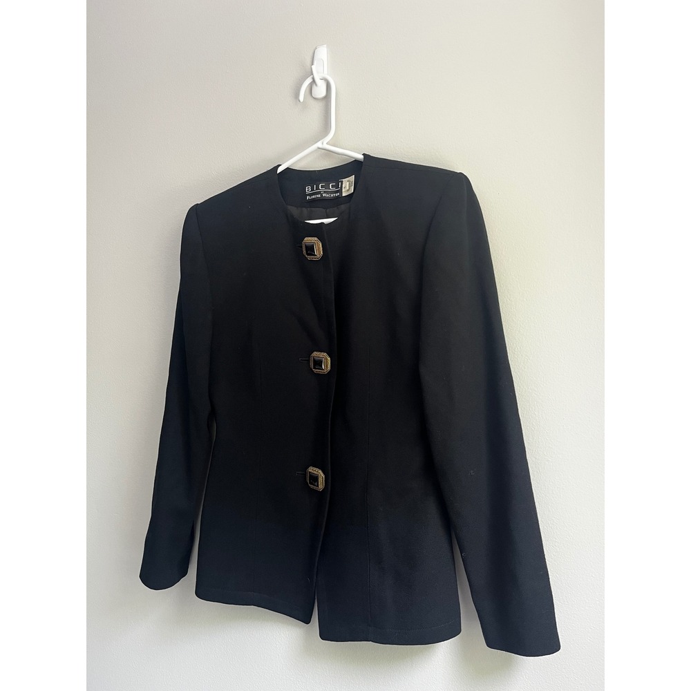 Bicci by Florine Wachter Black Wool‎ Collarless Blazer Gold Button Vintage Sz 4 - Picture 7 of 10